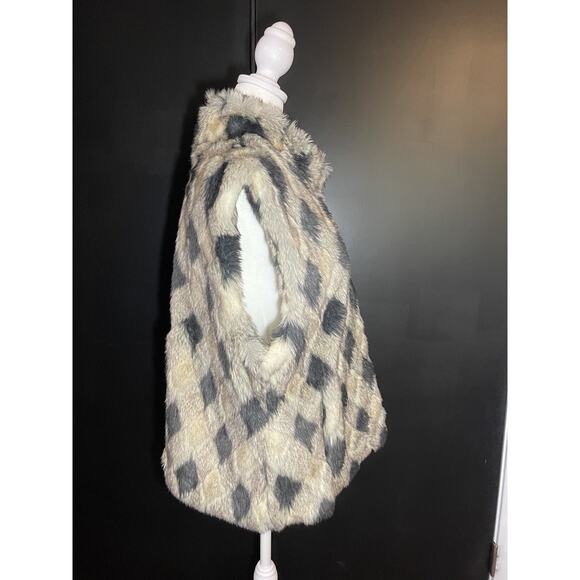 Pamela McCoy Vest Faux Fur Checkered Beige Black Gray Boho Pockets Woman's L - Picture 3 of 13